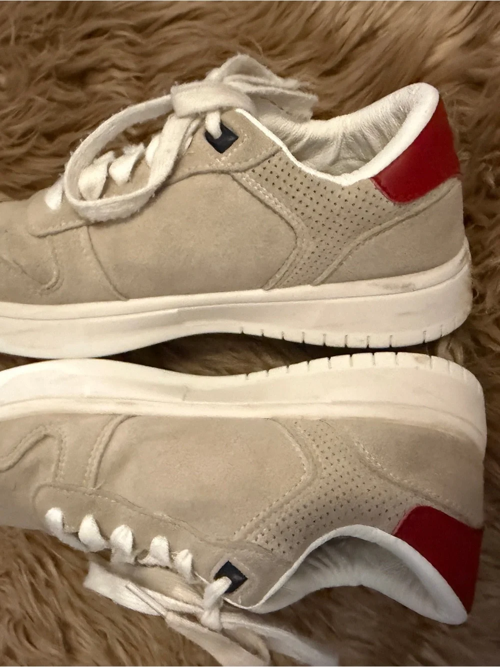 Vintage Havana Beige Suede Sneakers with Navy Star and Red Heel Tab, women’s 7.5